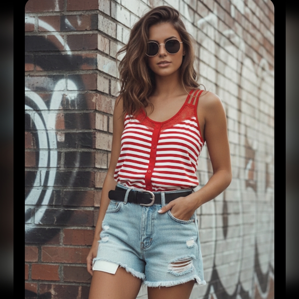 Lily Morgan Red/White Striped Lace Trim Cami,Nautical Coquette Tank,Size M